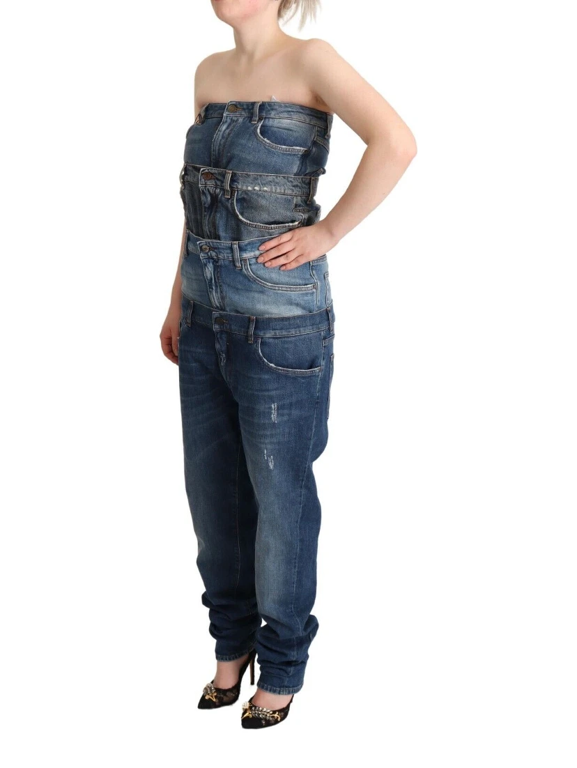 Dark Blue Cotton Strapless Denim Jumpsuit Dress