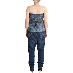 Dark Blue Cotton Strapless Denim Jumpsuit Dress