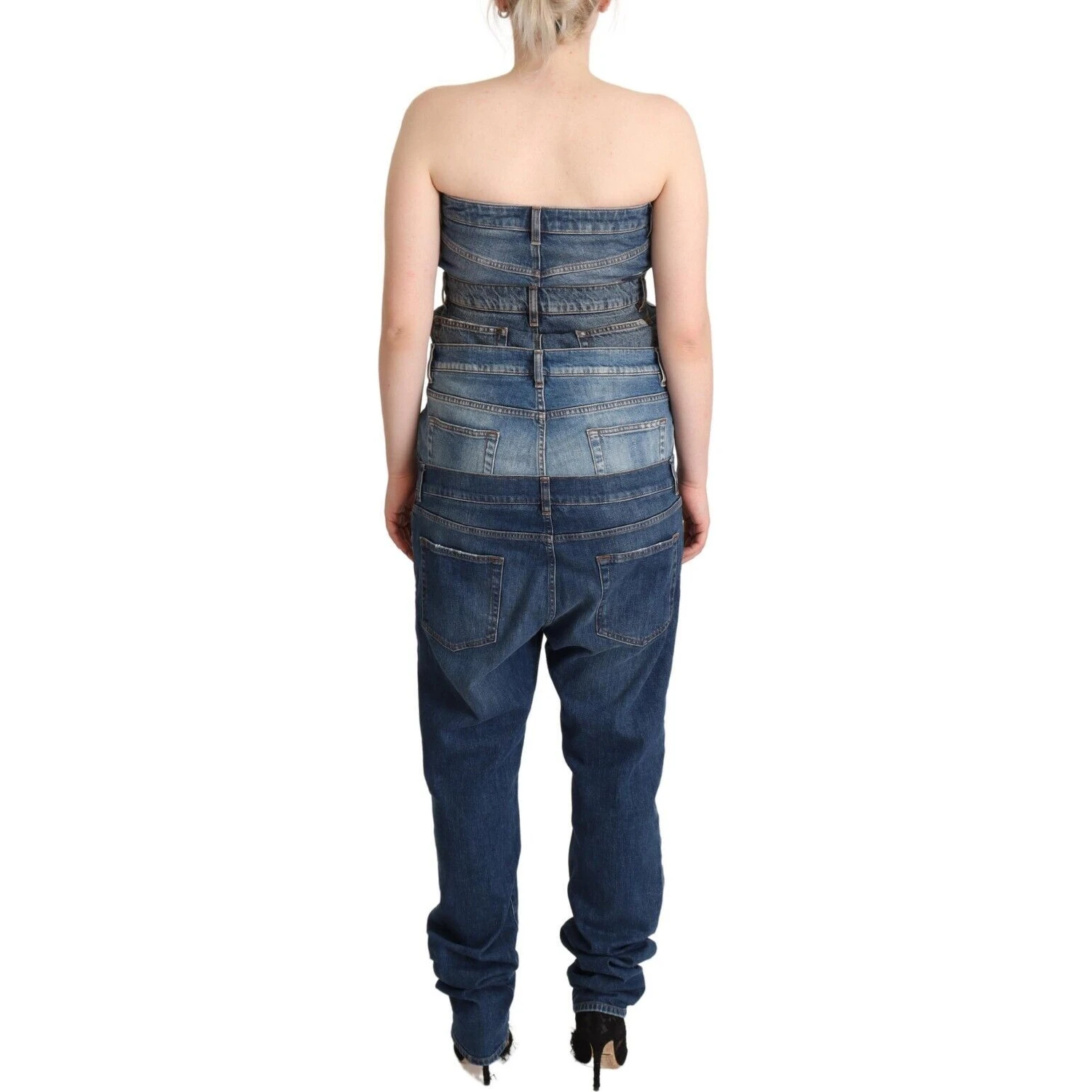 Dark Blue Cotton Strapless Denim Jumpsuit Dress