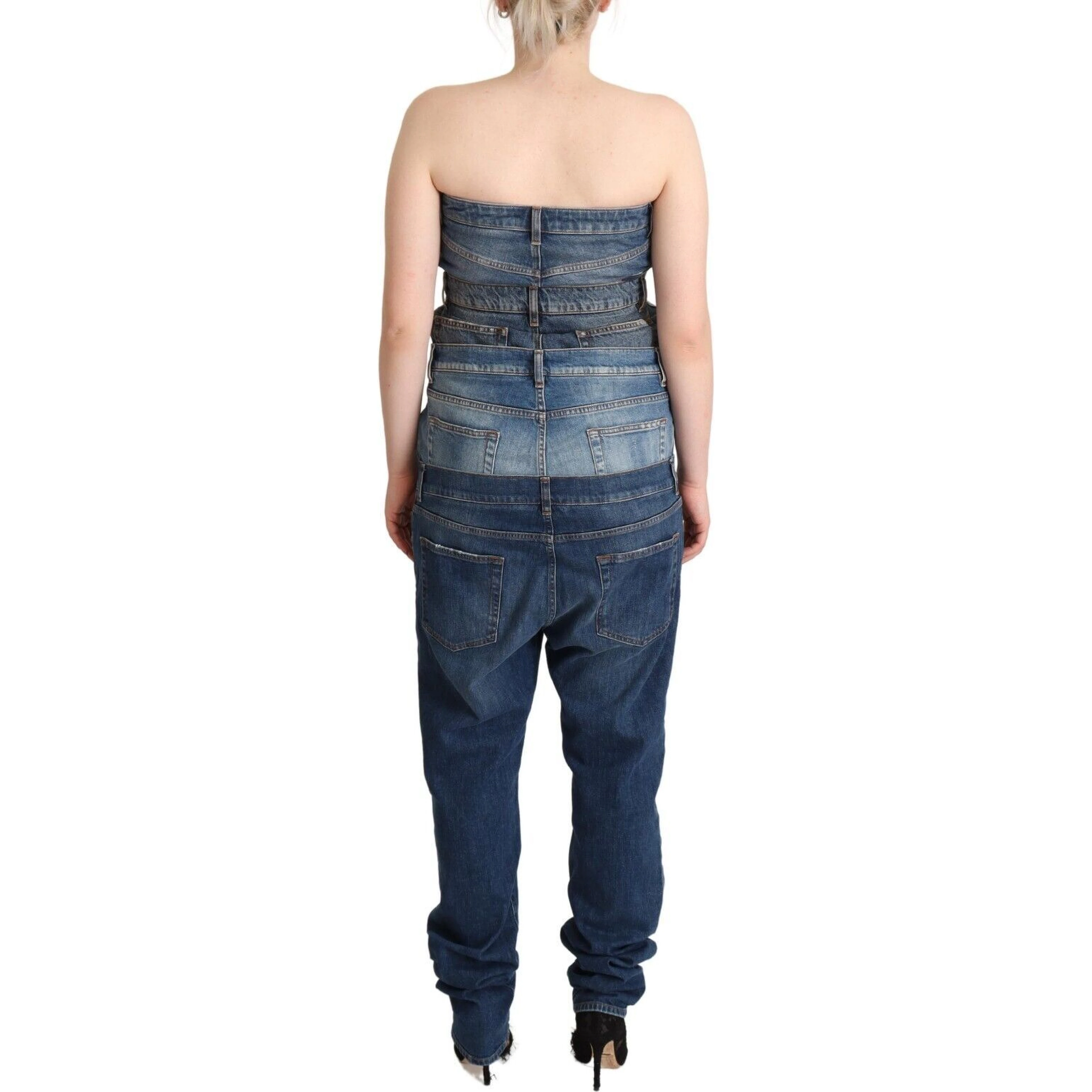 Dark Blue Cotton Strapless Denim Jumpsuit Dress