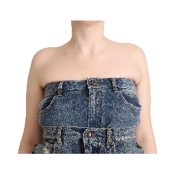 Dark Blue Cotton Strapless Denim Jumpsuit Dress