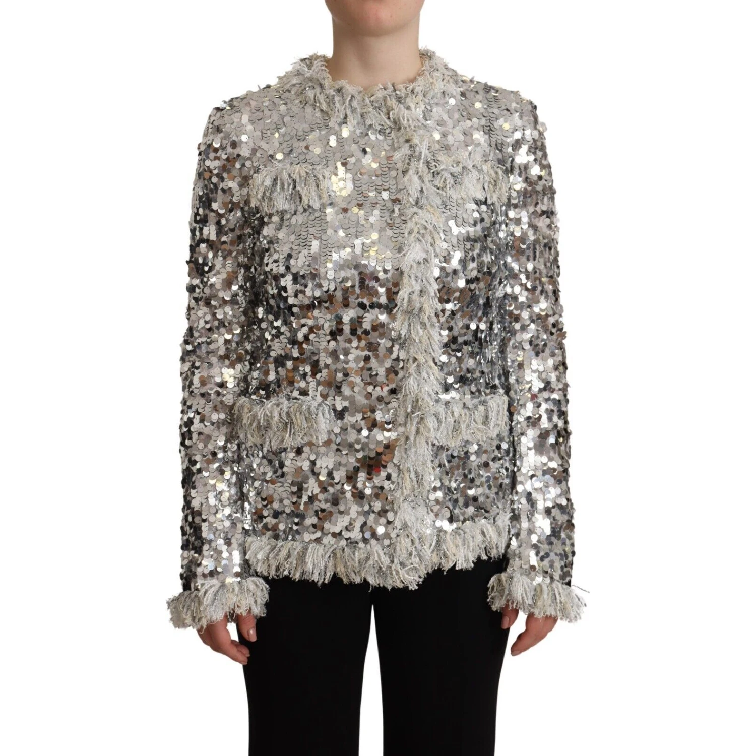 Silver Sequined Shearling Long Sleeves Jacket