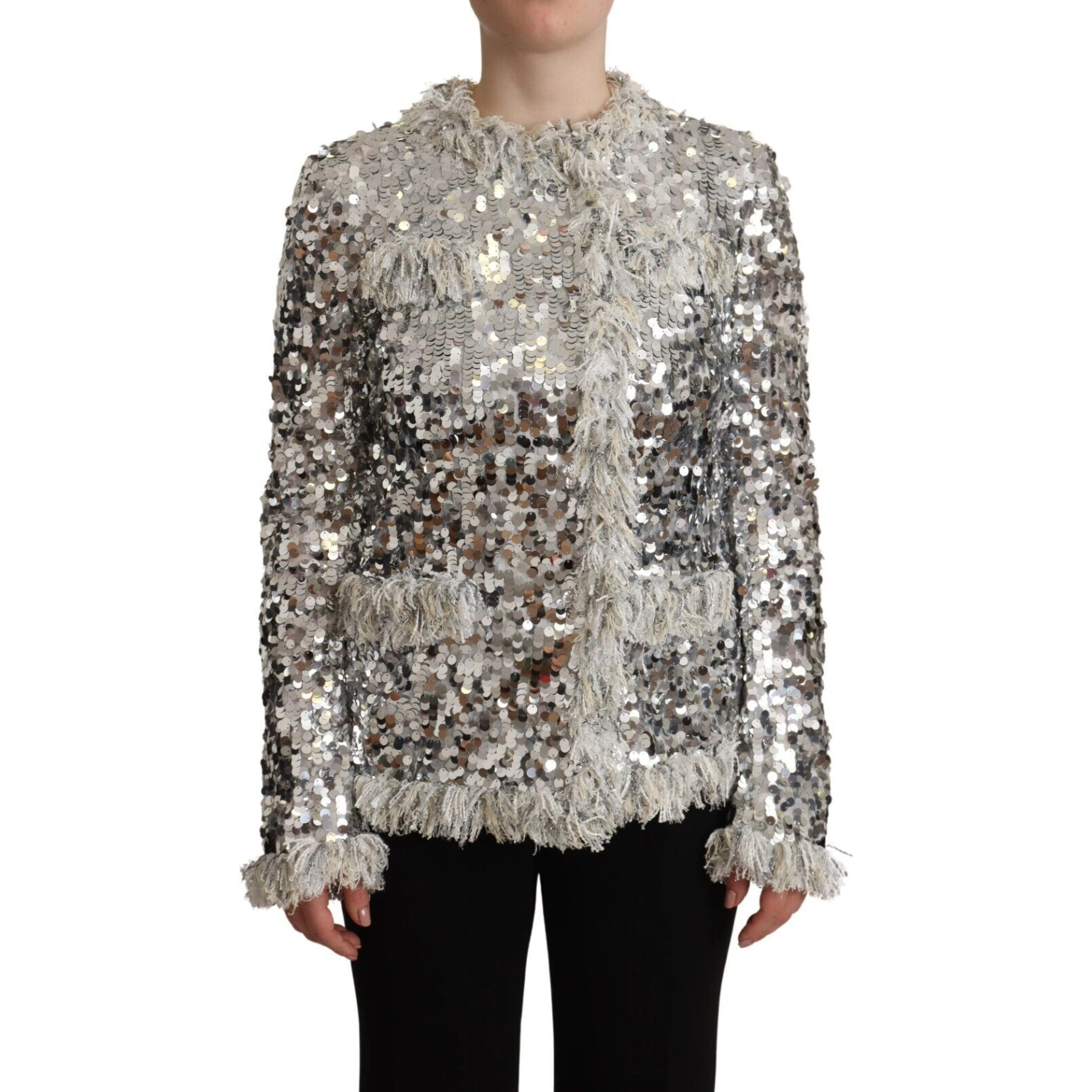 Silver Sequined Shearling Long Sleeves Jacket