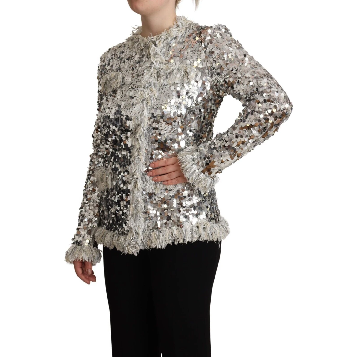 Silver Sequined Shearling Long Sleeves Jacket