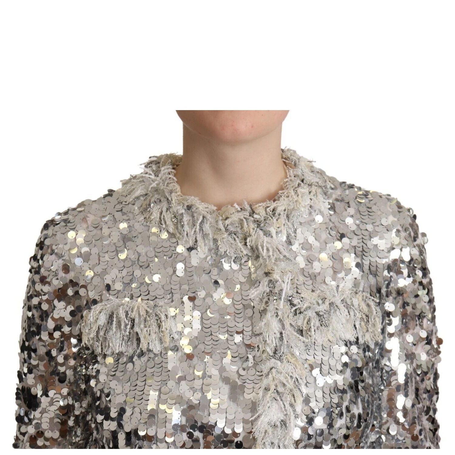 Silver Sequined Shearling Long Sleeves Jacket
