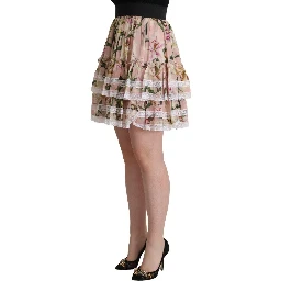 Pink Lily Print Silk Mini Tiered A-line Skirt