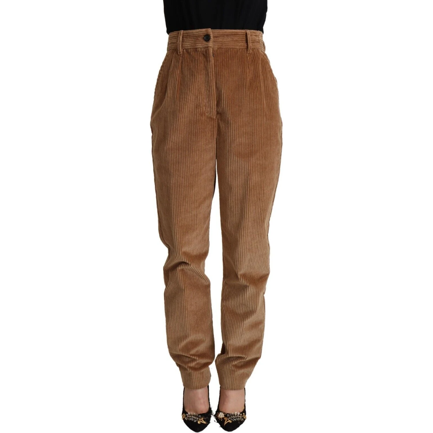 Brown Cotton Corduroy High Waist Skinny Pants