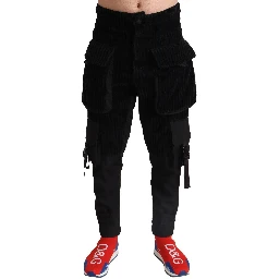 Black Cotton Skinny Corduroy Cargo Pants