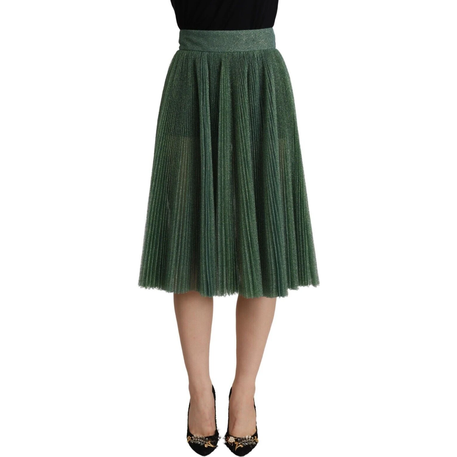 Metallic Green High Waist A-line Pleated Skirt