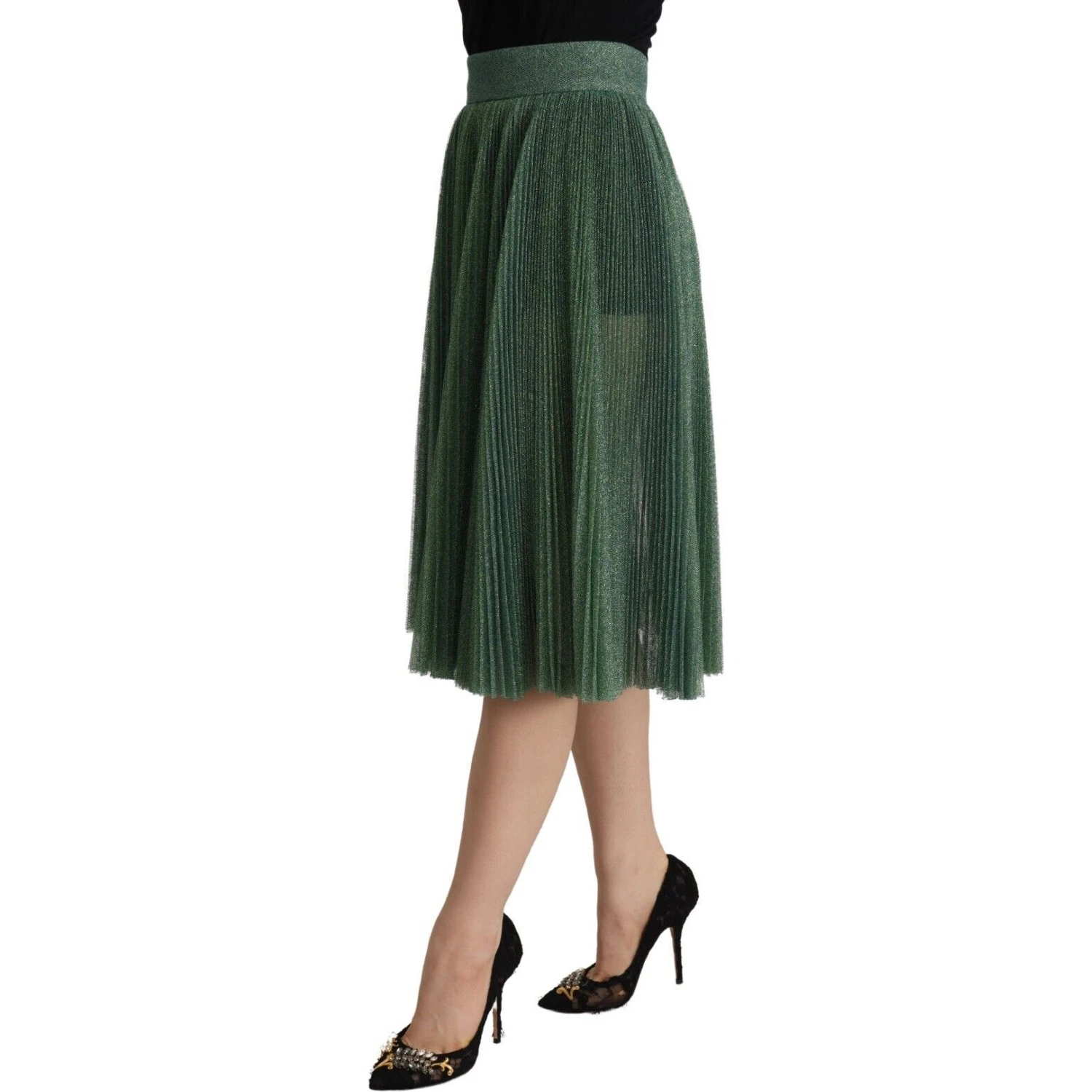 Metallic Green High Waist A-line Pleated Skirt