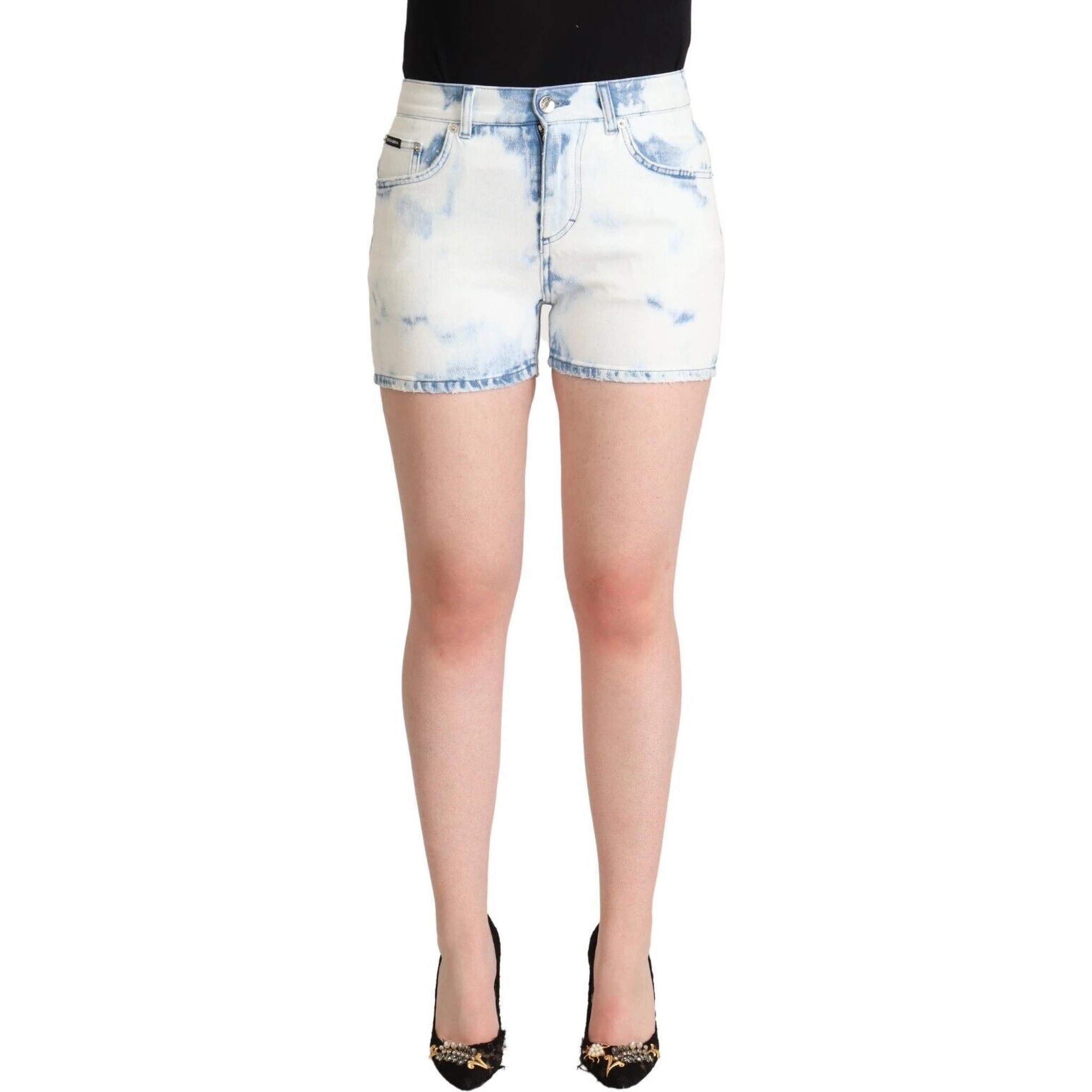 White Blue Dye Cotton Mid Waist Denim Shorts