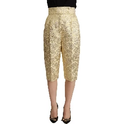 Beige Floral Brocade High Waist Trouser Cropped Pants