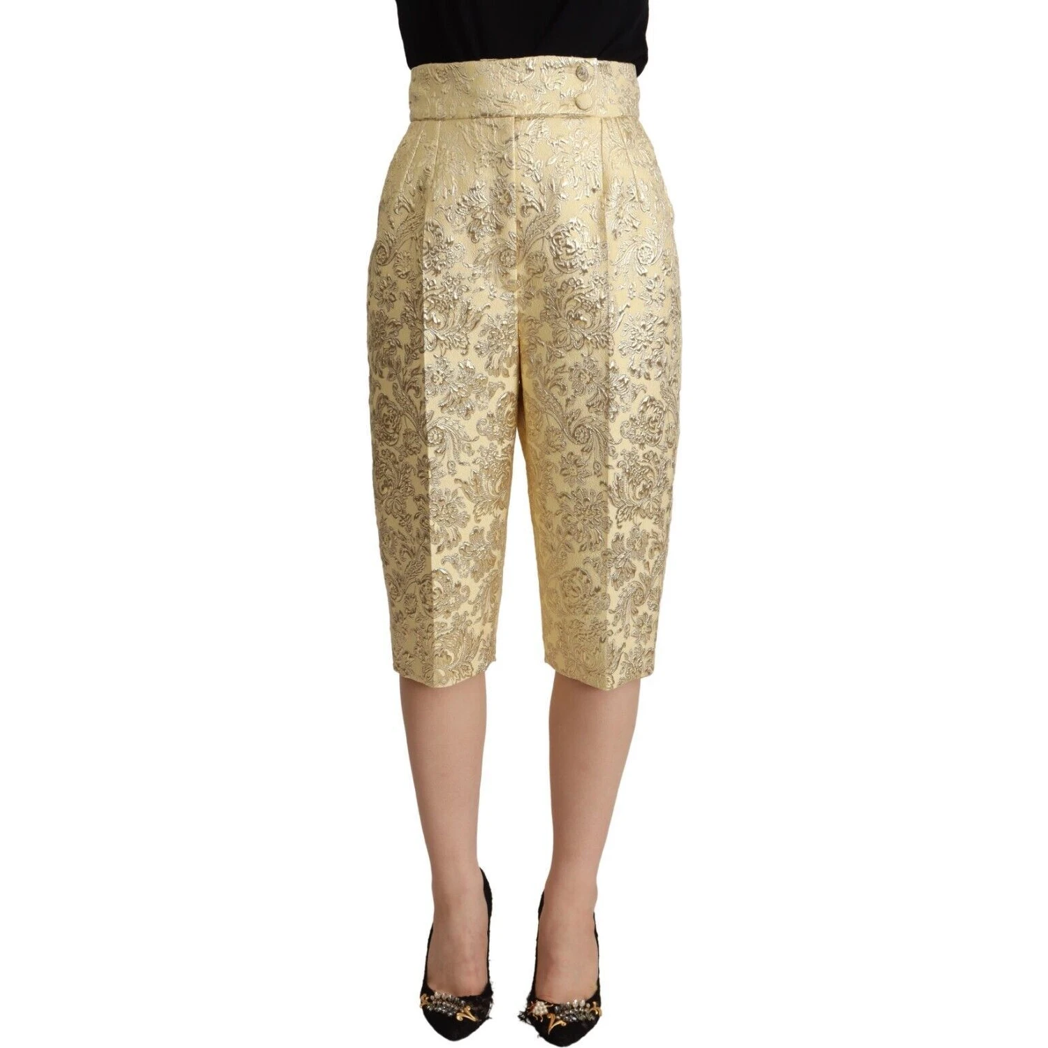 Beige Floral Brocade High Waist Trouser Cropped Pants