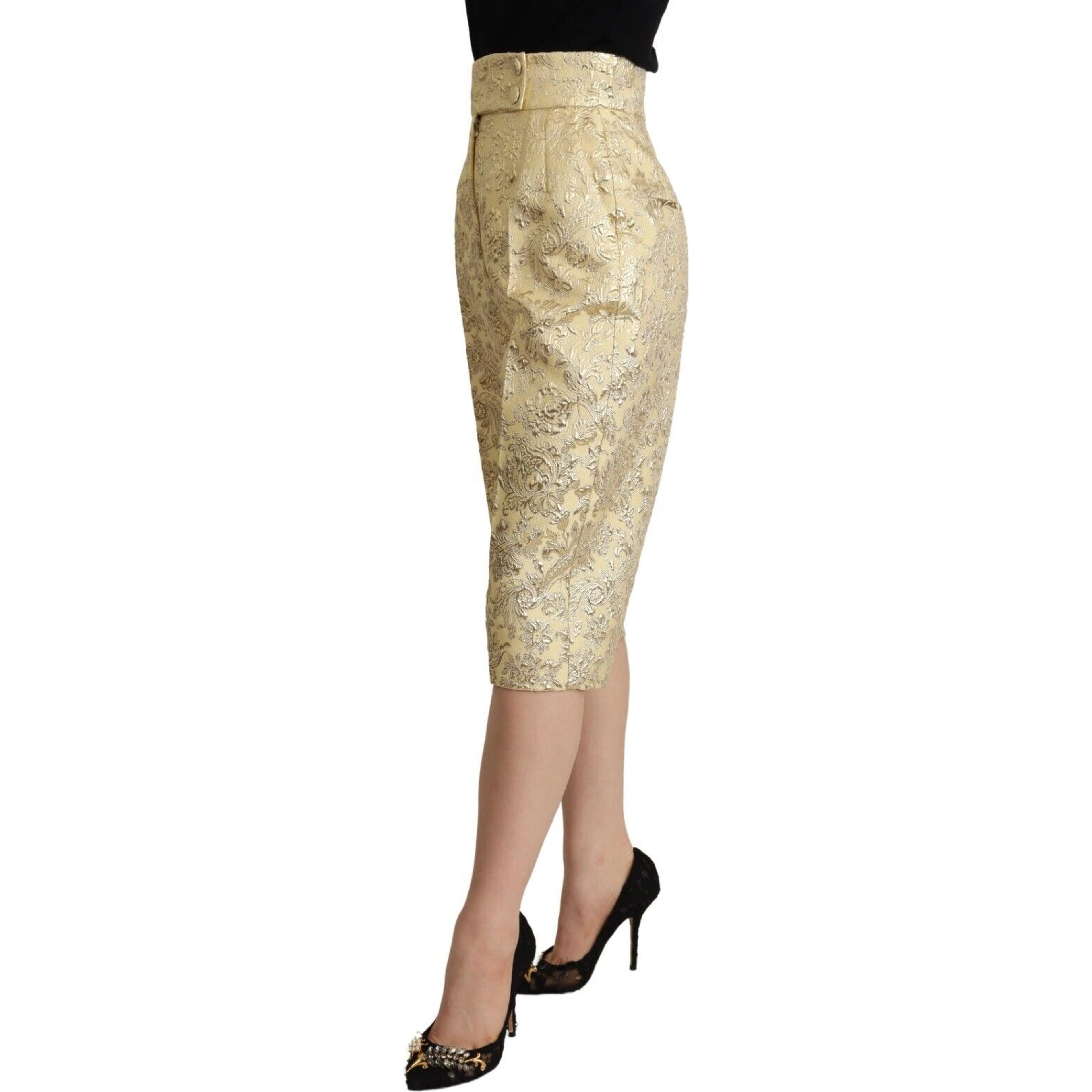 Beige Floral Brocade High Waist Trouser Cropped Pants