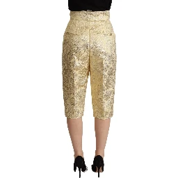 Beige Floral Brocade High Waist Trouser Cropped Pants