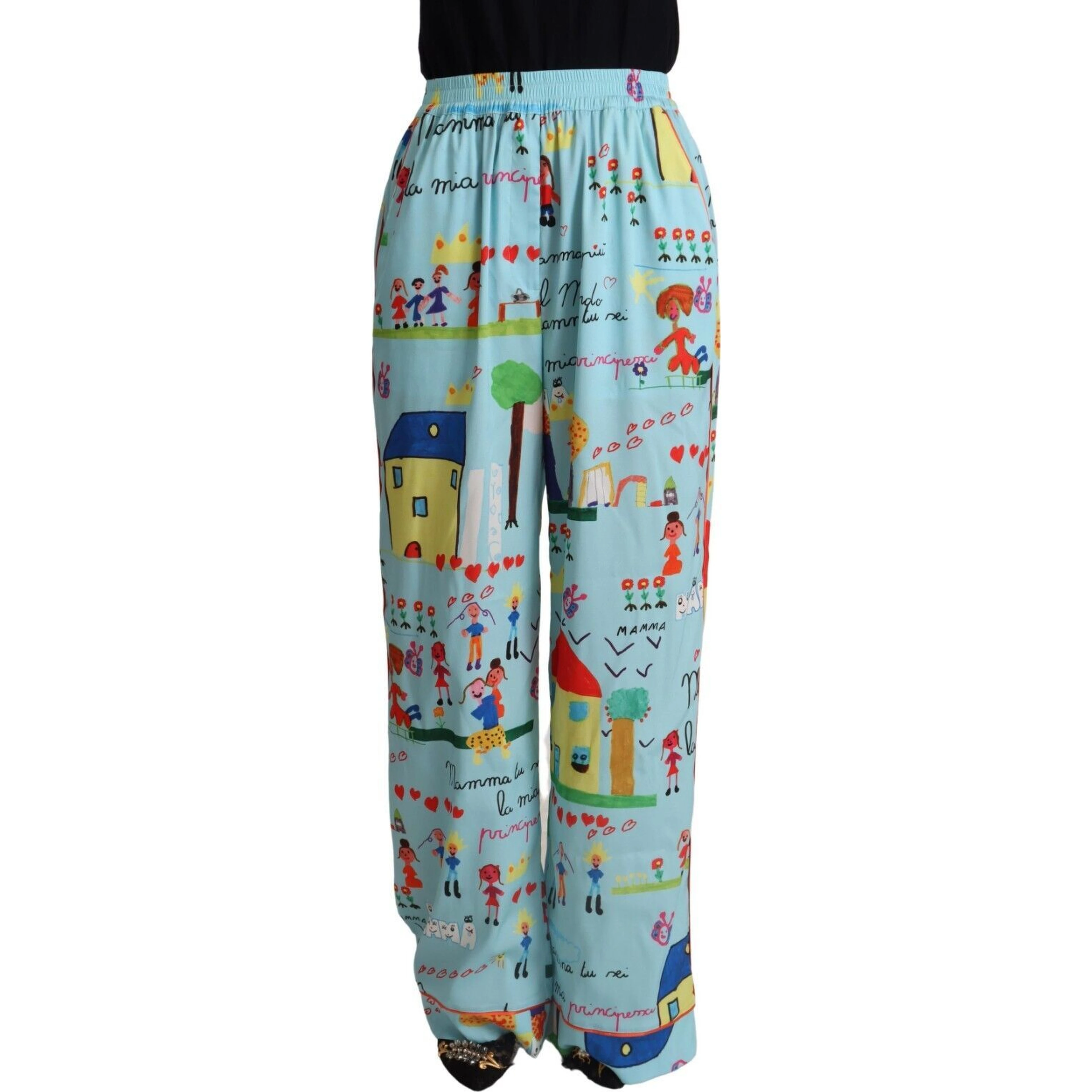 Light Blue Drawing Mid Waist Wide Leg Pants