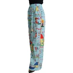 Light Blue Drawing Mid Waist Wide Leg Pants