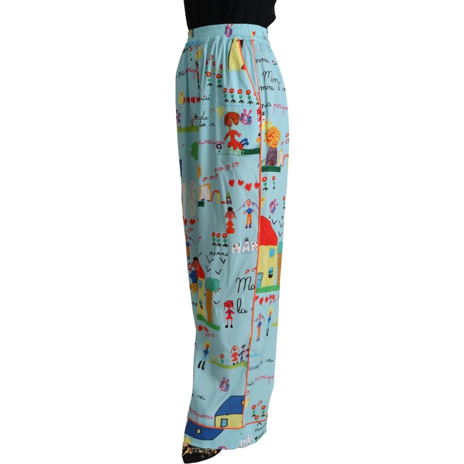 Light Blue Drawing Mid Waist Wide Leg Pants