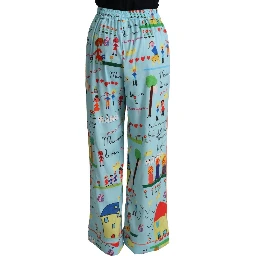 Light Blue Drawing Mid Waist Wide Leg Pants