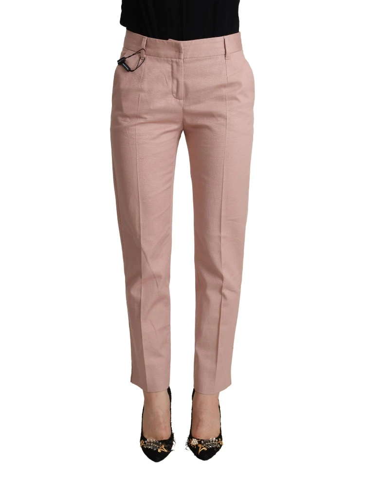 Pink Cotton Mid Waist Trouser Tapered Pants