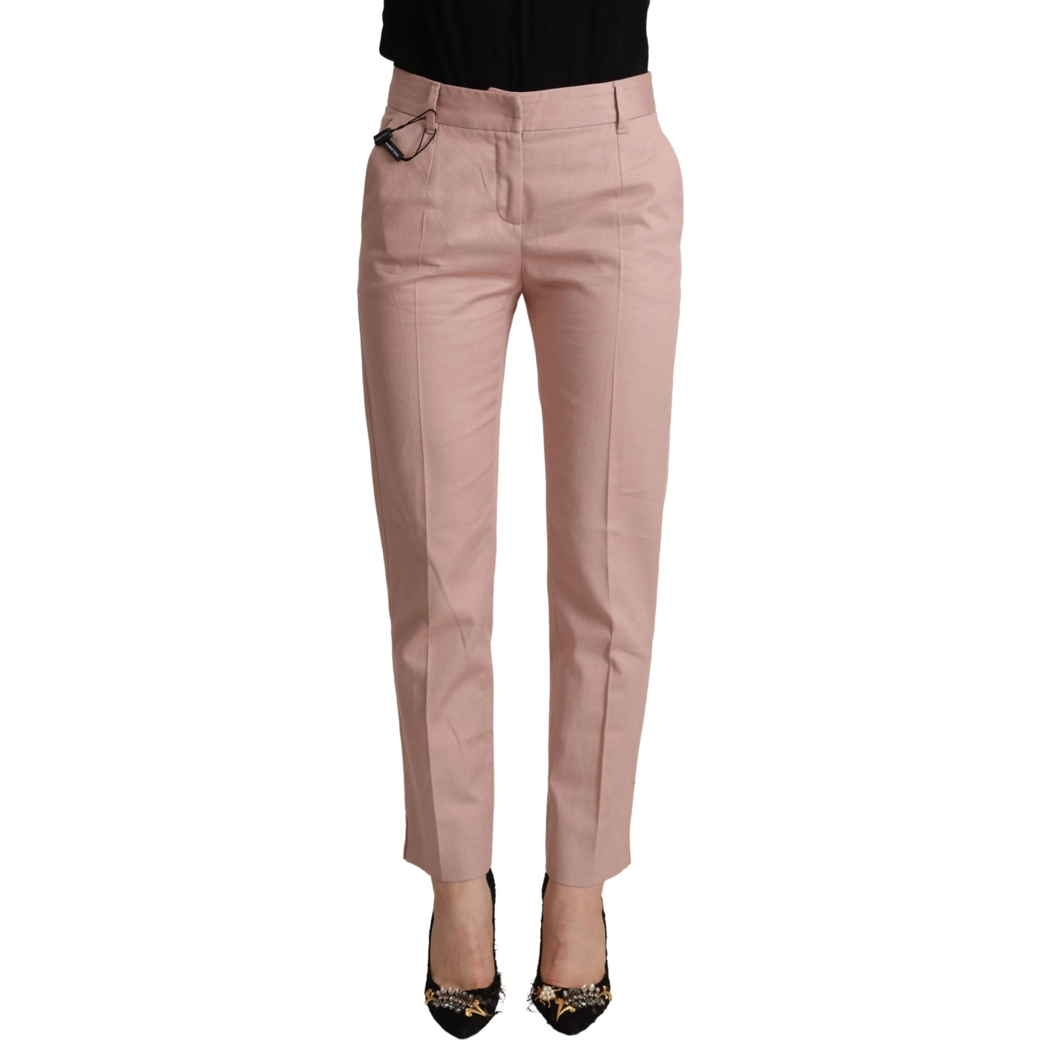 Pink Cotton Mid Waist Trouser Tapered Pants