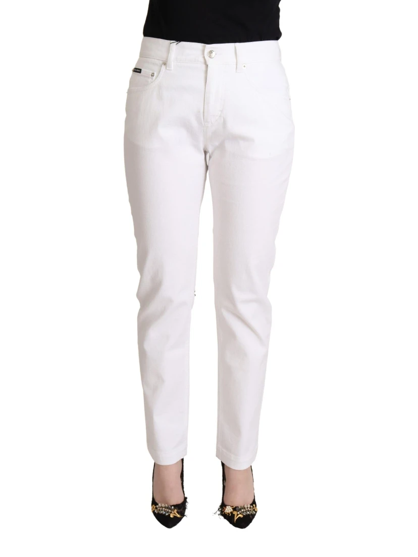 White Cotton Mid Waist Denim Tapered Jeans