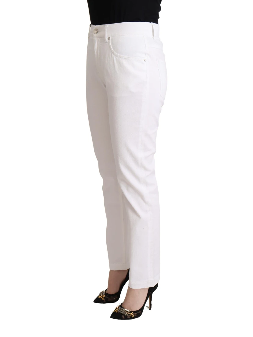 White Cotton Mid Waist Denim Tapered Jeans