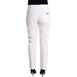 White Cotton Mid Waist Denim Tapered Jeans