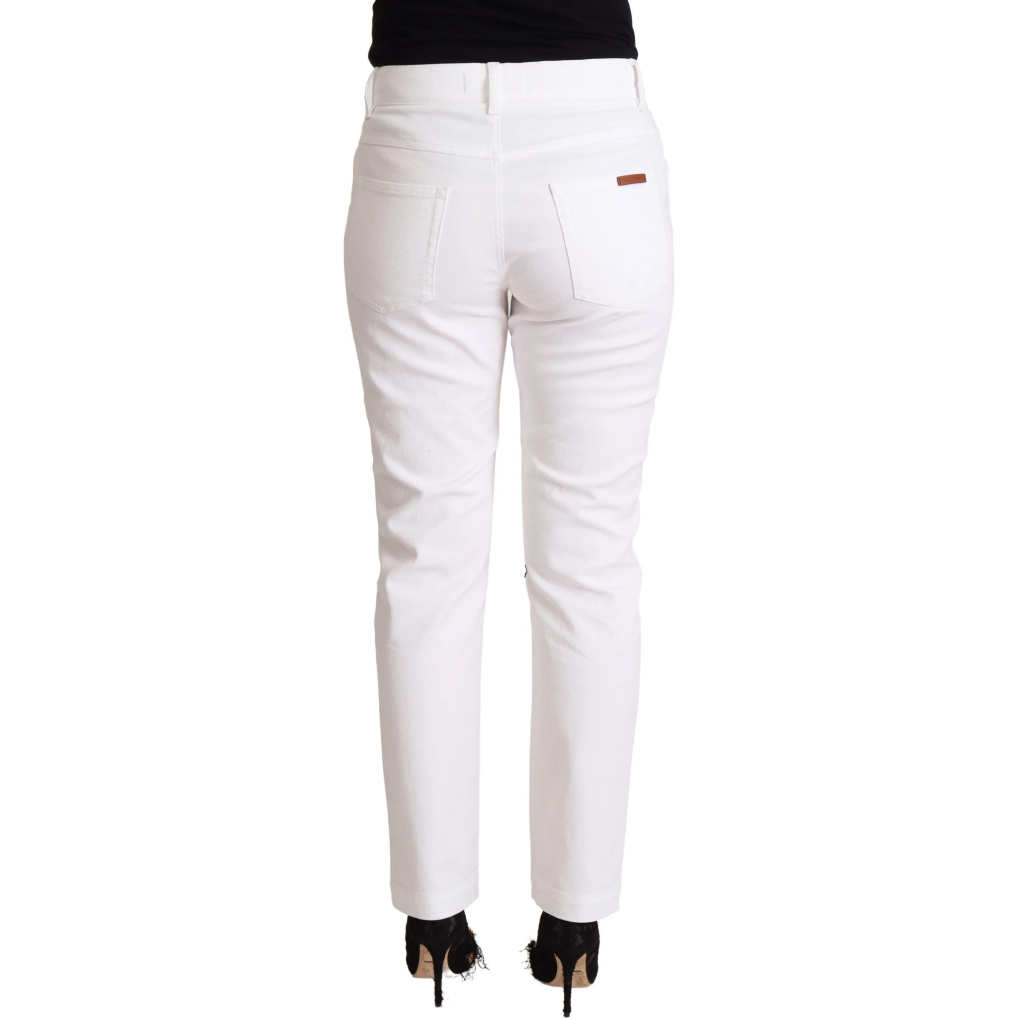 White Cotton Mid Waist Denim Tapered Jeans