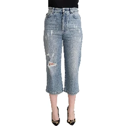 Blue Tattered Cotton Denim Capri Cropped Jeans