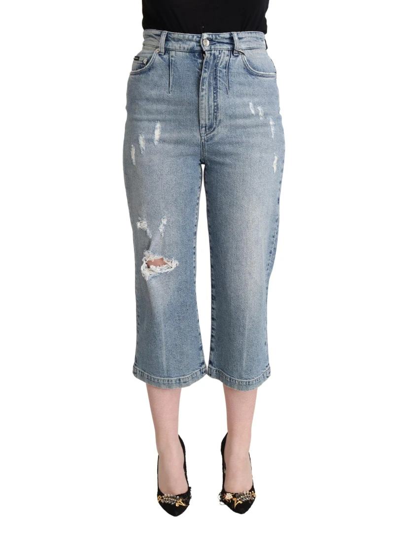 Blue Tattered Cotton Denim Capri Cropped Jeans