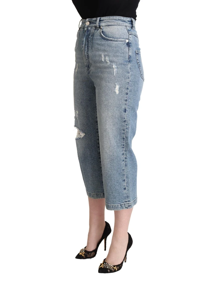 Blue Tattered Cotton Denim Capri Cropped Jeans alternative