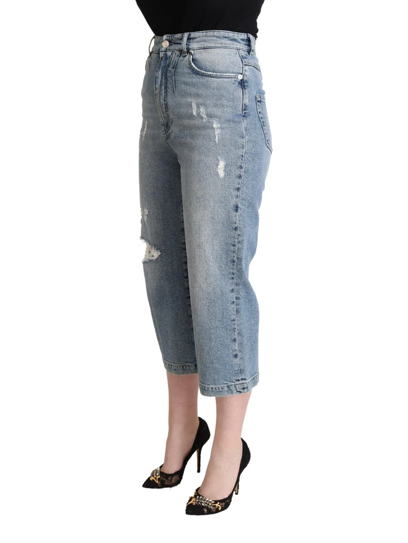 Blue Tattered Cotton Denim Capri Cropped Jeans