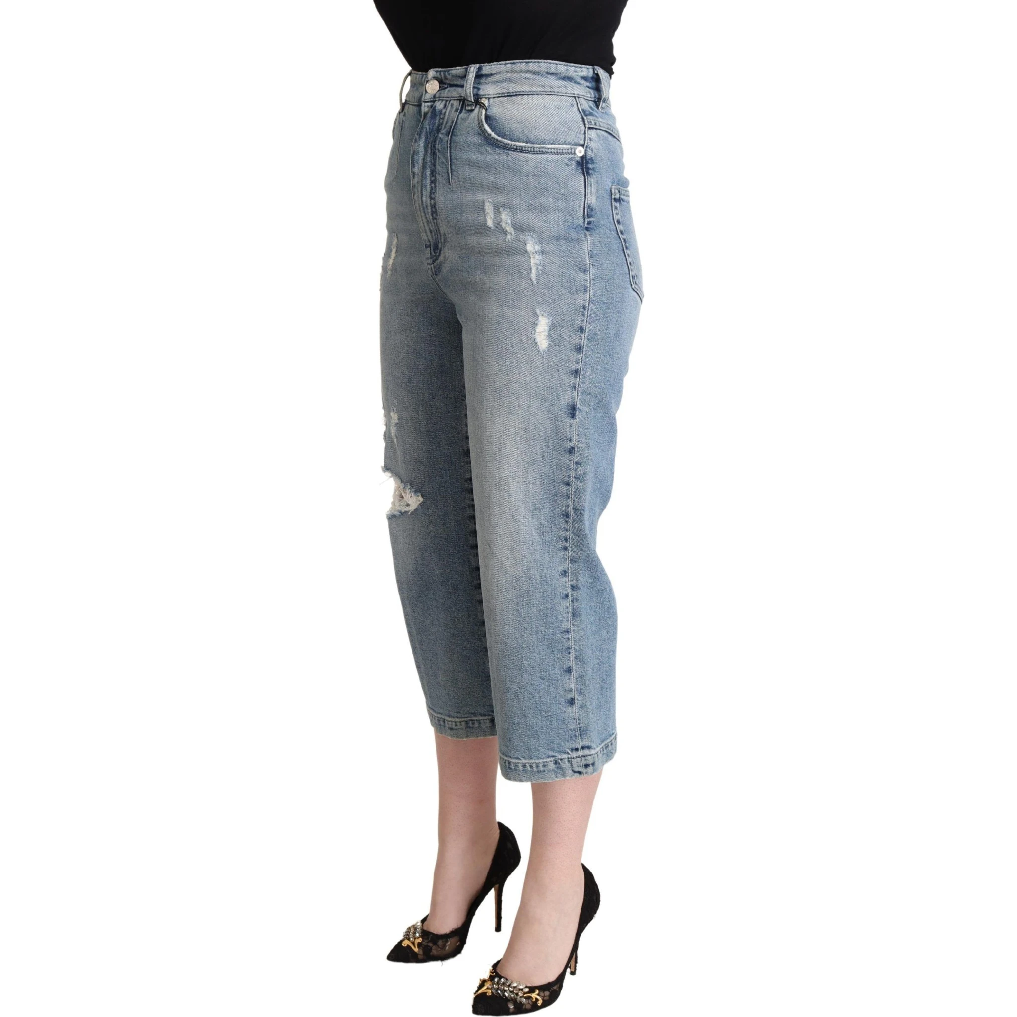 Blue Tattered Cotton Denim Capri Cropped Jeans