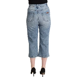 Blue Tattered Cotton Denim Capri Cropped Jeans