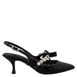 Black Patent Leather Crystal Slingbacks Shoes