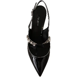 Black Patent Leather Crystal Slingbacks Shoes