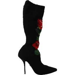 Black Stretch Socks Red Roses Booties Shoes