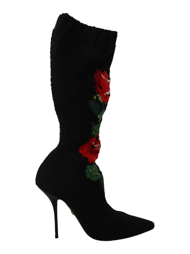 Black Stretch Socks Red Roses Booties Shoes
