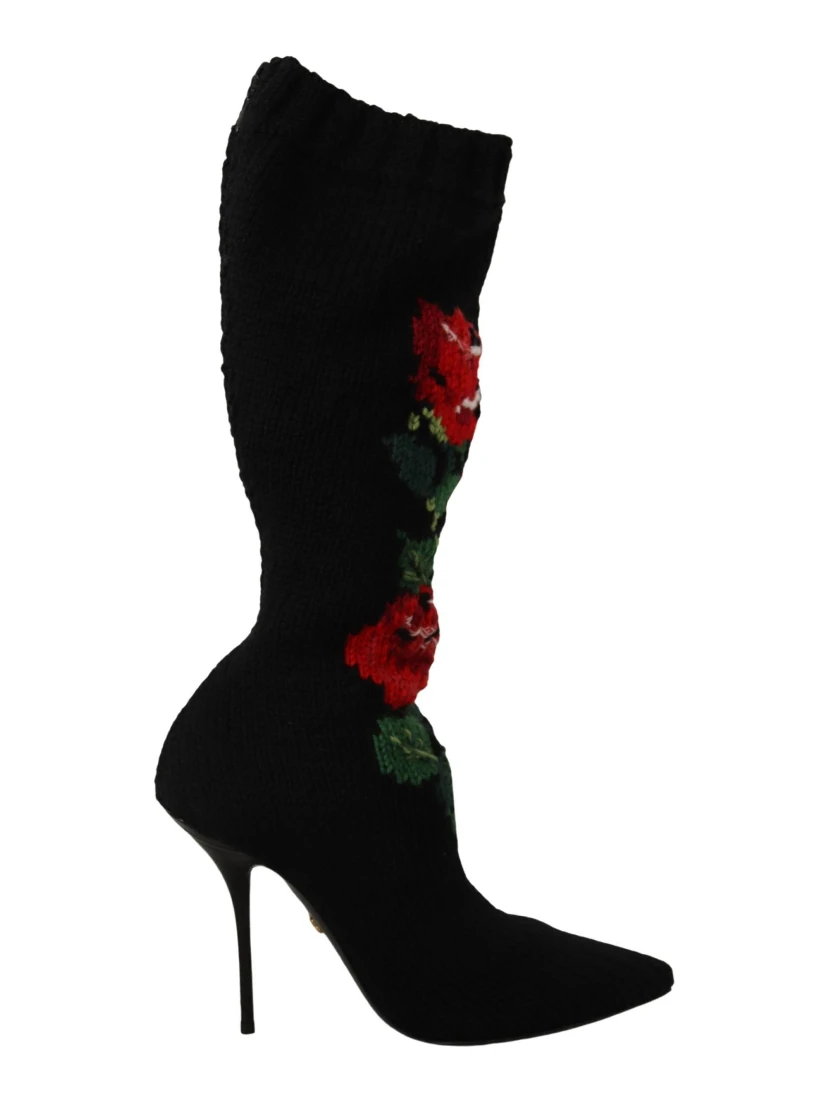Black Stretch Socks Red Roses Booties Shoes