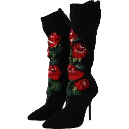 Black Stretch Socks Red Roses Booties Shoes