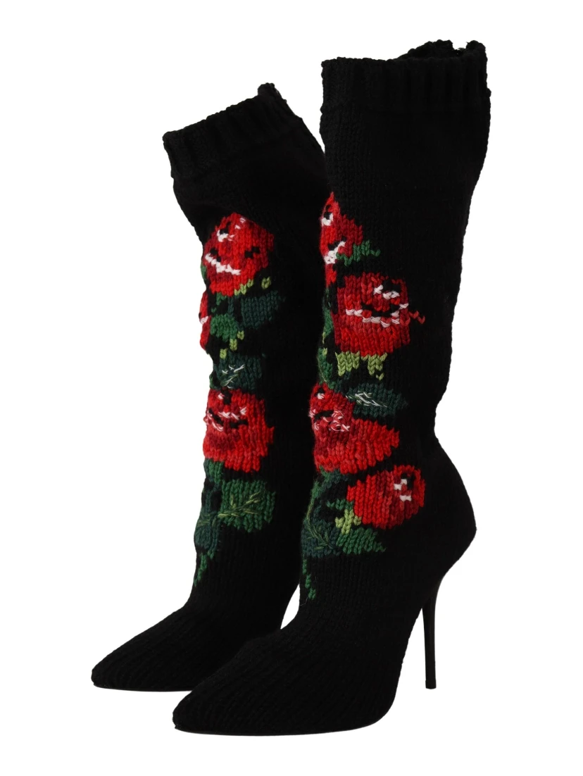 Black Stretch Socks Red Roses Booties Shoes