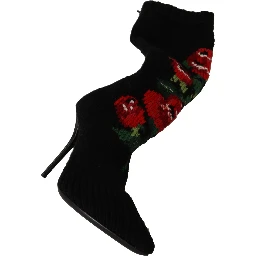 Black Stretch Socks Red Roses Booties Shoes