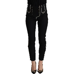 Black Mid Waist Button Embellished Slim Fit Pants