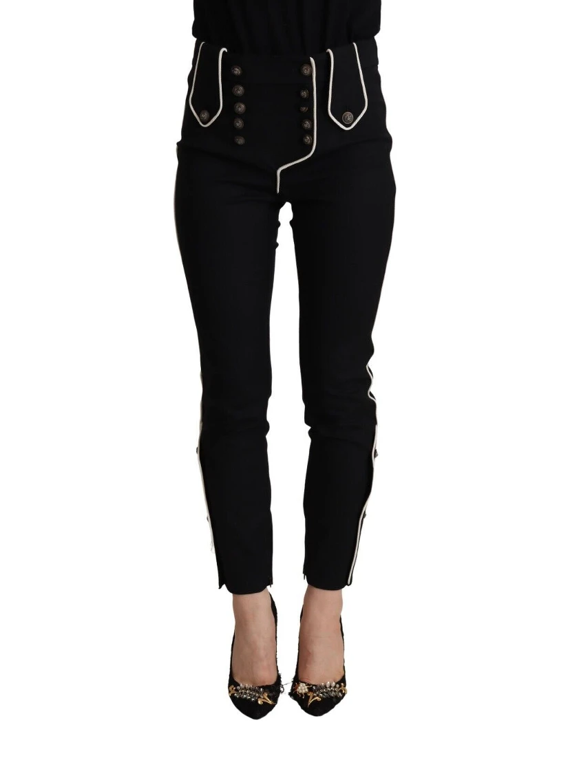 Black Mid Waist Button Embellished Slim Fit Pants