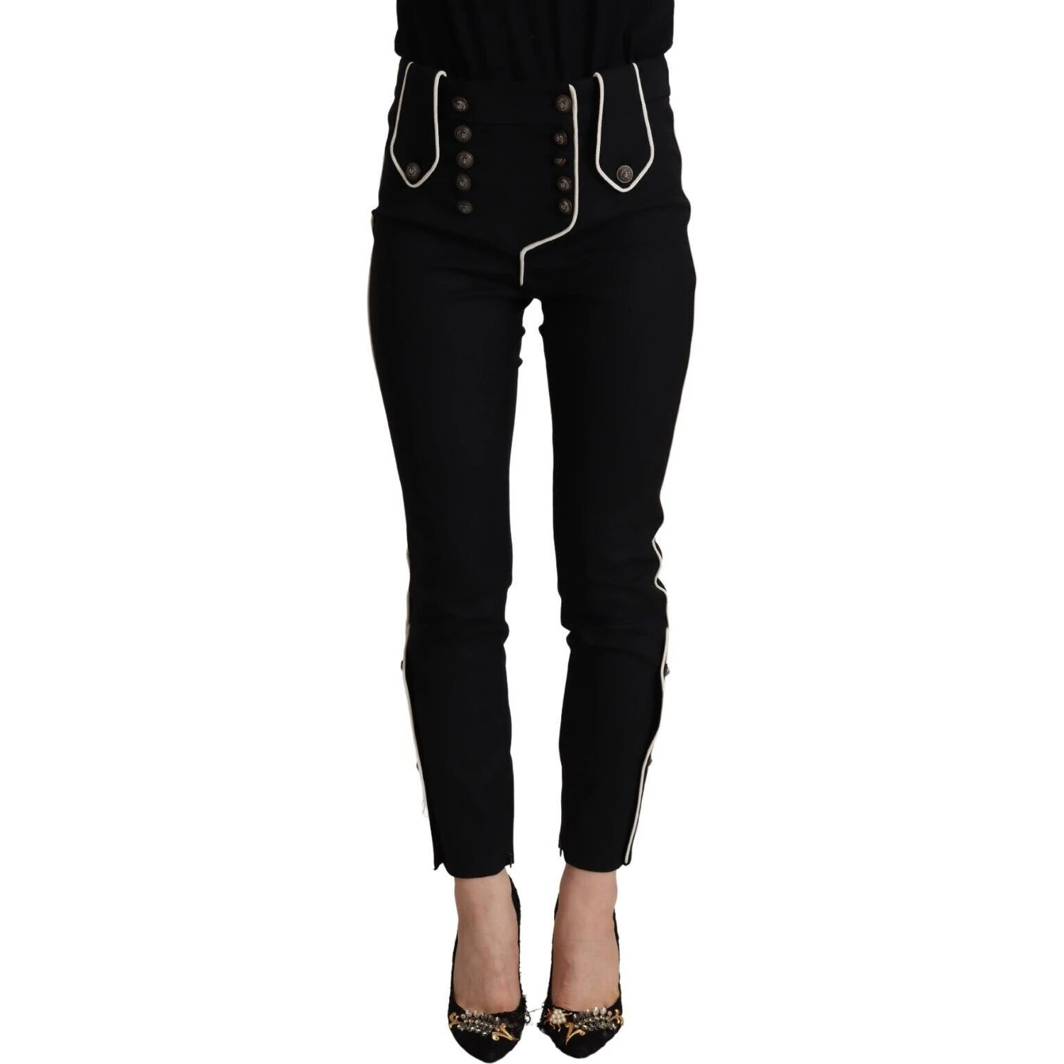 Black Mid Waist Button Embellished Slim Fit Pants