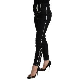 Black Mid Waist Button Embellished Slim Fit Pants