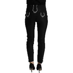 Black Mid Waist Button Embellished Slim Fit Pants