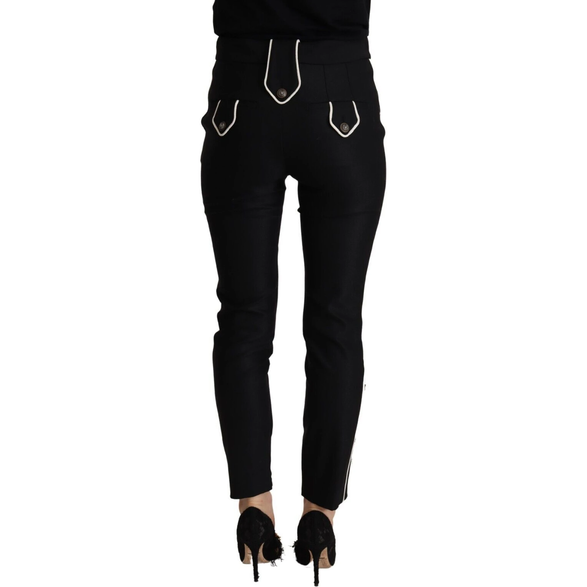 Black Mid Waist Button Embellished Slim Fit Pants