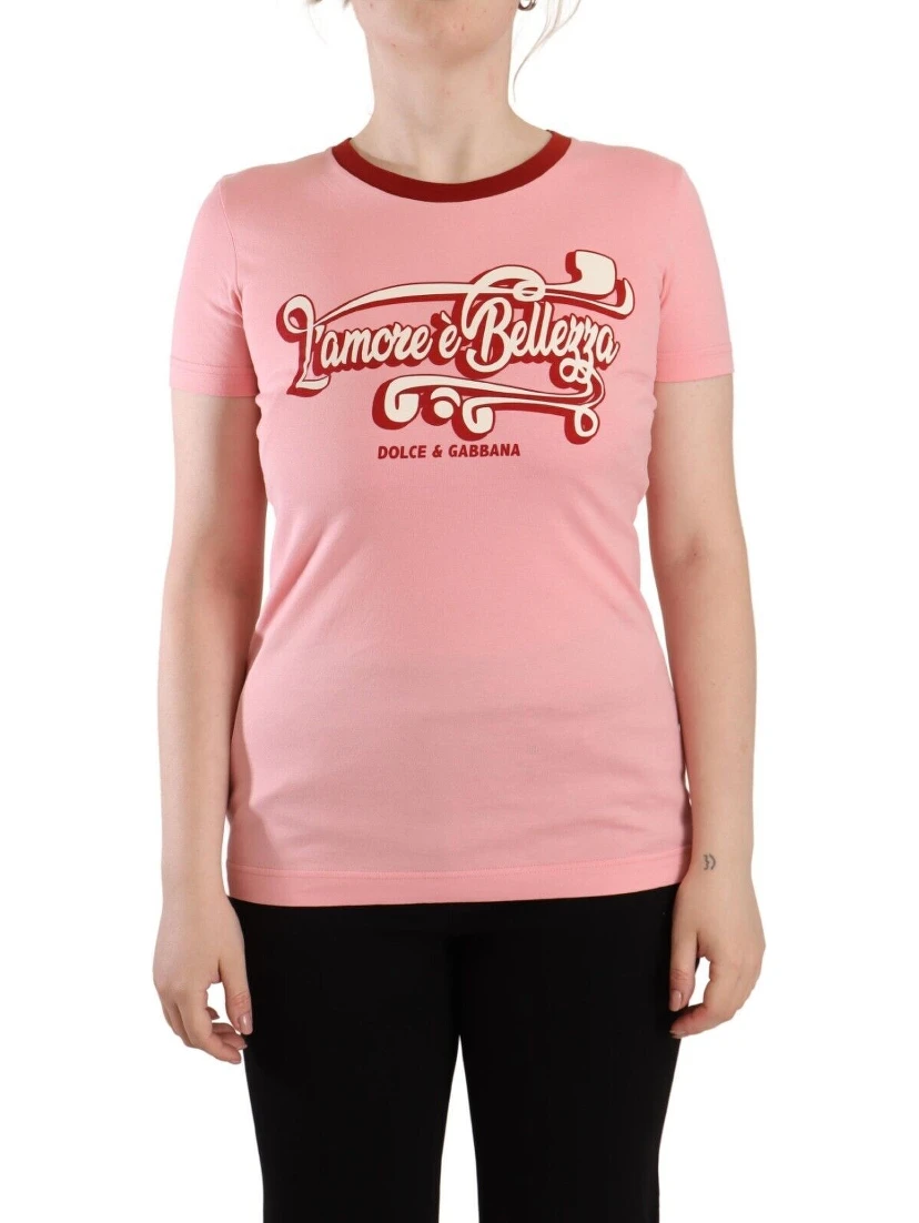 Pink Cotton Short Sleeves Crewneck T-shirt Top